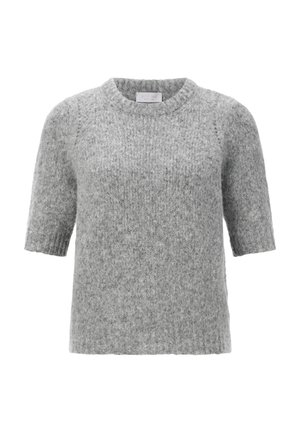 Kurzarmpullover in Grau aus strukturiertem Strickstoff, mit Rundhalsausschnitt und lässiger Passform. Schlichte Ausführung ohne Muster oder Akzente.