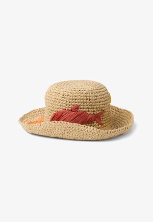 Chapeau de soleil en paille à large bord, décoré de motifs de poissons tissés rouges et orange autour de la couronne.
