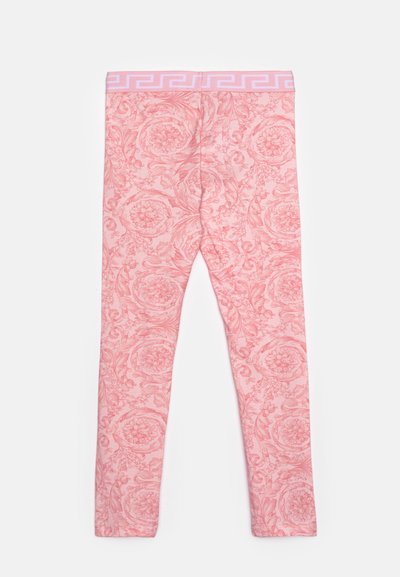Pink leggings featuring a floral pattern with a raised texture, complemented by a light pink waistband with a geometric design.