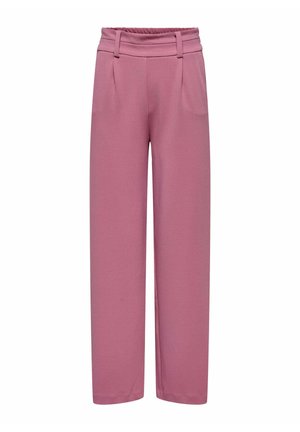 Pantaloni a gamba larga rosa con un tessuto testurizzato, dotati di vita alta, frontale plissettato e fascia elastica in vita per una vestibilità comoda.