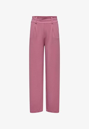 Pantaloni a gamba larga rosa con un tessuto testurizzato, dotati di vita alta, frontale plissettato e fascia elastica in vita per una vestibilità comoda.
