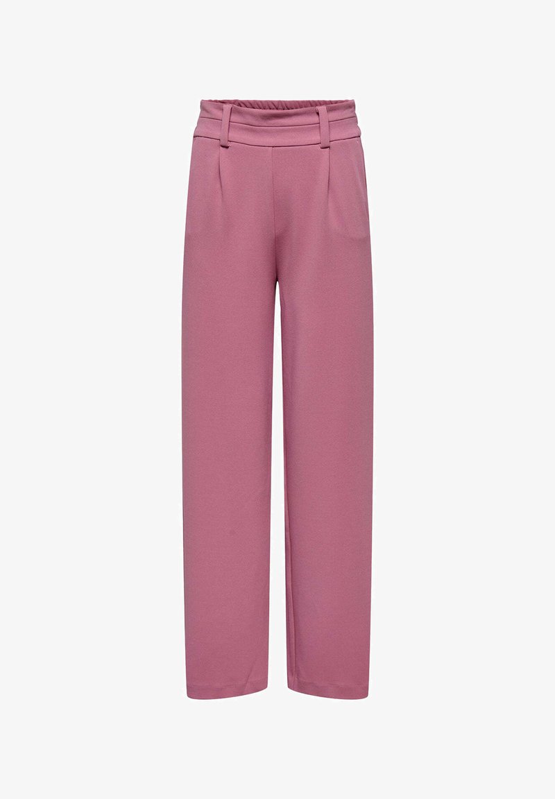Pantaloni a gamba larga rosa con un tessuto testurizzato, dotati di vita alta, frontale plissettato e fascia elastica in vita per una vestibilità comoda.
