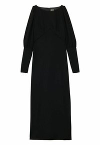 Robe noire à manches longues avec épaules bouffantes, silhouette ajustée et texture légèrement froncée au niveau de la poitrine, dotée d'une fermeture éclair au dos.