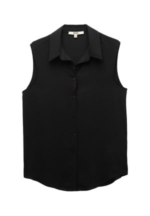 Schwarze ärmellose Bluse mit spitzen Kragen, vorderem Knopfverschluss und leicht abgerundetem Saum. Hergestellt aus glattem Stoff mit matter Oberfläche.