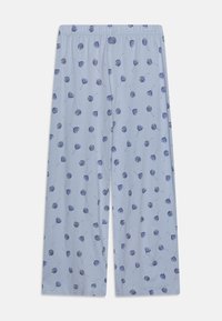 Light blue pajama pants with an elastic waistband, featuring a repeating pattern of blue lollipops and heart shapes. Soft, loose fit.