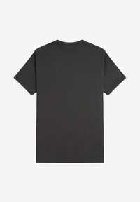 T-shirt nero a maniche corte con colletto rotondo, tessuto liscio e un design posteriore semplice e privo di decorazioni.