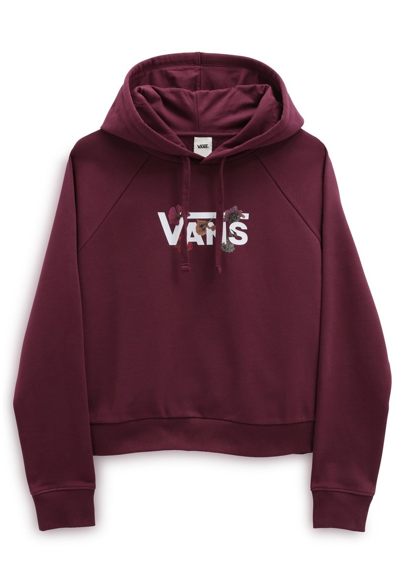 Sweat à capuche bordeaux avec une poche kangourou à l'avant, des poignets et un ourlet côtelés. Présente un logo "Vans" blanc orné d'accents floraux. Confectionné dans un matériau doux.