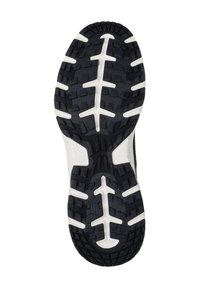 Schwarze Gummisohle eines Sneakers mit markantem Profil und weißen Akzenten, entwickelt für Grip und Leistung auf verschiedenen Oberflächen.