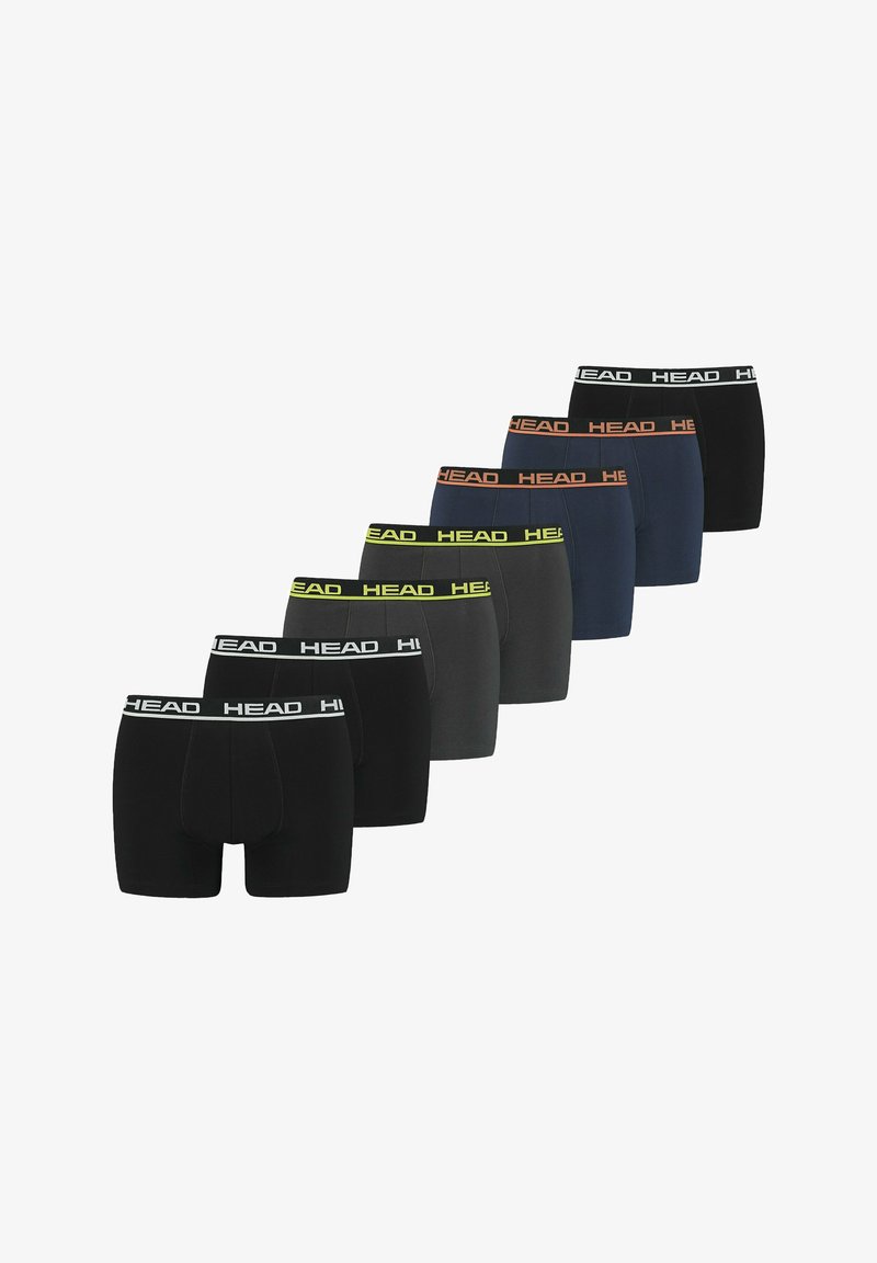 Boxershorts-Set mit sieben Paaren in verschiedenen Farben: Schwarz, Dunkelgrau, Marineblau, mit kontrastierenden Logo-Bund in Orange und Gelb.