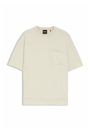 Beige short-sleeve T-shirt with crew neck and chest pocket, labeled "BOSS" on black tag inside neckline.