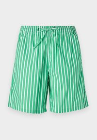 Green and white striped swim shorts with an elastic waistband and drawstring. Fabric appears lightweight with a smooth texture.