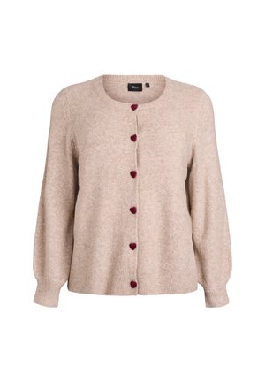 Beige cardigan made of soft knit fabric, featuring round neckline, long sleeves, and five burgundy heart-shaped buttons along the front.