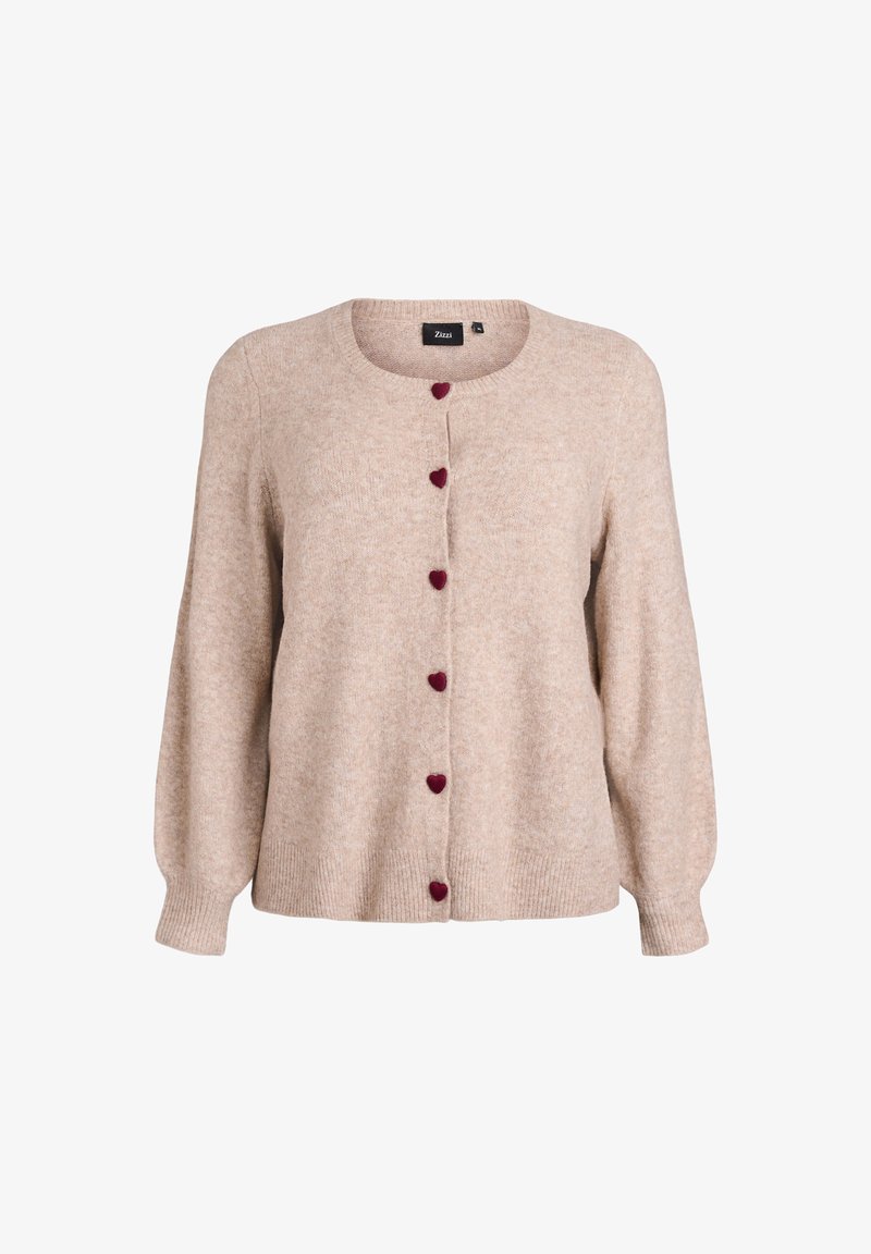 Bež kardigan od mekog pletenog materijala, s okruglim izrezom, dugim rukavima i pet burgundskih dugmadi u obliku srca duž prednje strane.