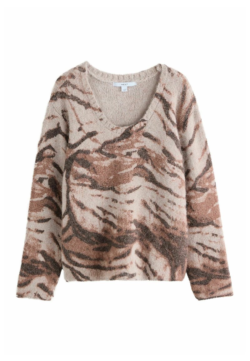 Pulover oversize în bej cu modele abstracte în nuanțe de maron și maron închis. Dispune de un decolteu rotund și un material texturat, moale.