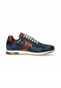 Sneaker in pelle blu con dettagli marroni, lacci grigi e pannelli laterali perforati. Presenta una suola in gomma e una intersuola bianca per una migliore aderenza.