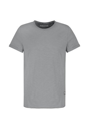 Plain gray short-sleeve crew neck T-shirt with rolled cuffs and a small brand label near the bottom hem.