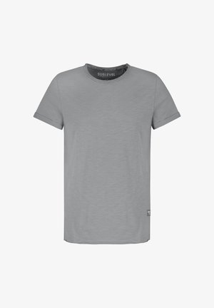 Schlichtes graues T-Shirt mit kurzen Ärmeln und Rundhalsausschnitt, mit umgeschlagenen Bündchen und einem kleinen Markenlabel nahe dem unteren Saum.