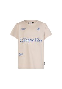 Beżowa bawełniana koszulka z niebieskim nadrukiem. Posiada okrągły dekolt i krótkie rękawy. Logo obejmują "Creative Vibes" oraz "Retour Jeans".