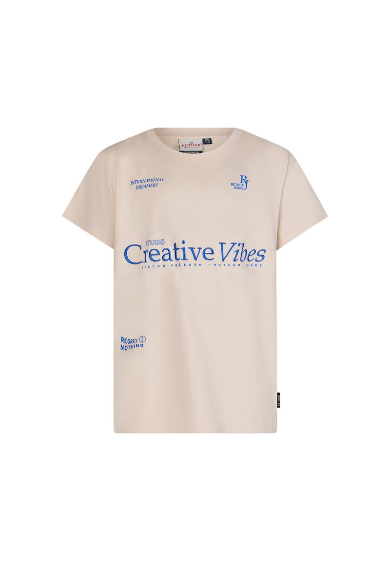 Beżowa bawełniana koszulka z niebieskim nadrukiem. Posiada okrągły dekolt i krótkie rękawy. Logo obejmują "Creative Vibes" oraz "Retour Jeans".
