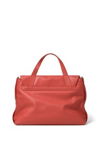 Red leather handbag with two top handles, a flat closure, and a soft, slouchy shape. Smooth texture with minimal hardware and accents.
