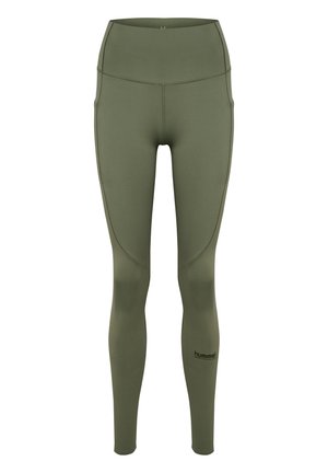 Olijfgroene legging gemaakt van rekbare stof, met een hoge taille, een gladde textuur en een reliëflogo op het onderbeen.