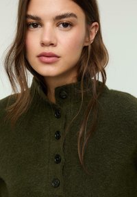 Maglione a maglia verde oliva con colletto alto e cinque bottoni neri sul davanti. Texture morbida, design aderente, stile minimalista.