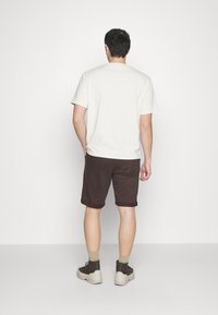 Men's beige cotton t-shirt with short sleeves, paired with dark brown cotton shorts. Footwear features black and beige accent colors.