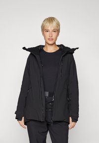 Black insulated jacket with a hood, zip front, and side pockets. Features a smooth texture and a cozy inner lining for warmth.
