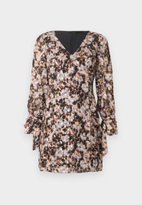 Φόρεμα με λεοπάρ μοτίβο σε αποχρώσεις του καφέ και εκρού, με ντεκολτέ σε σχήμα V, μακριά μανίκια με κορδόνια και κομψή σιλουέτα. Λείο ύφασμα.