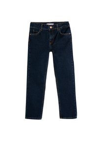 Jeans de mezclilla de color azul oscuro con corte ajustado. Las características incluyen un cierre de botones, bolsillos delanteros y traseros, y costuras en contraste de color naranja.