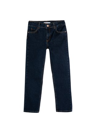 Tummansiniset farkut slim fit -mallilla. Ominaisuuksiin kuuluvat nappikiinnitys, etu- ja takataskut sekä erottuva oranssi ommel.