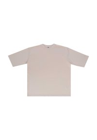 Lys beige oversized t-shirt, korte ærmer, rund hals, lavet af blødt bomuldsstof, med et minimalistisk design uden fremtrædende grafikker eller logoer.