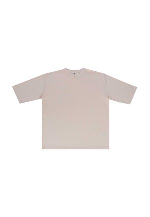Hellbeige oversize T-Shirt, kurze Ärmel, runder Hals, aus weichem Baumwollstoff, mit minimalistischem Design ohne auffällige Grafiken oder Logos.