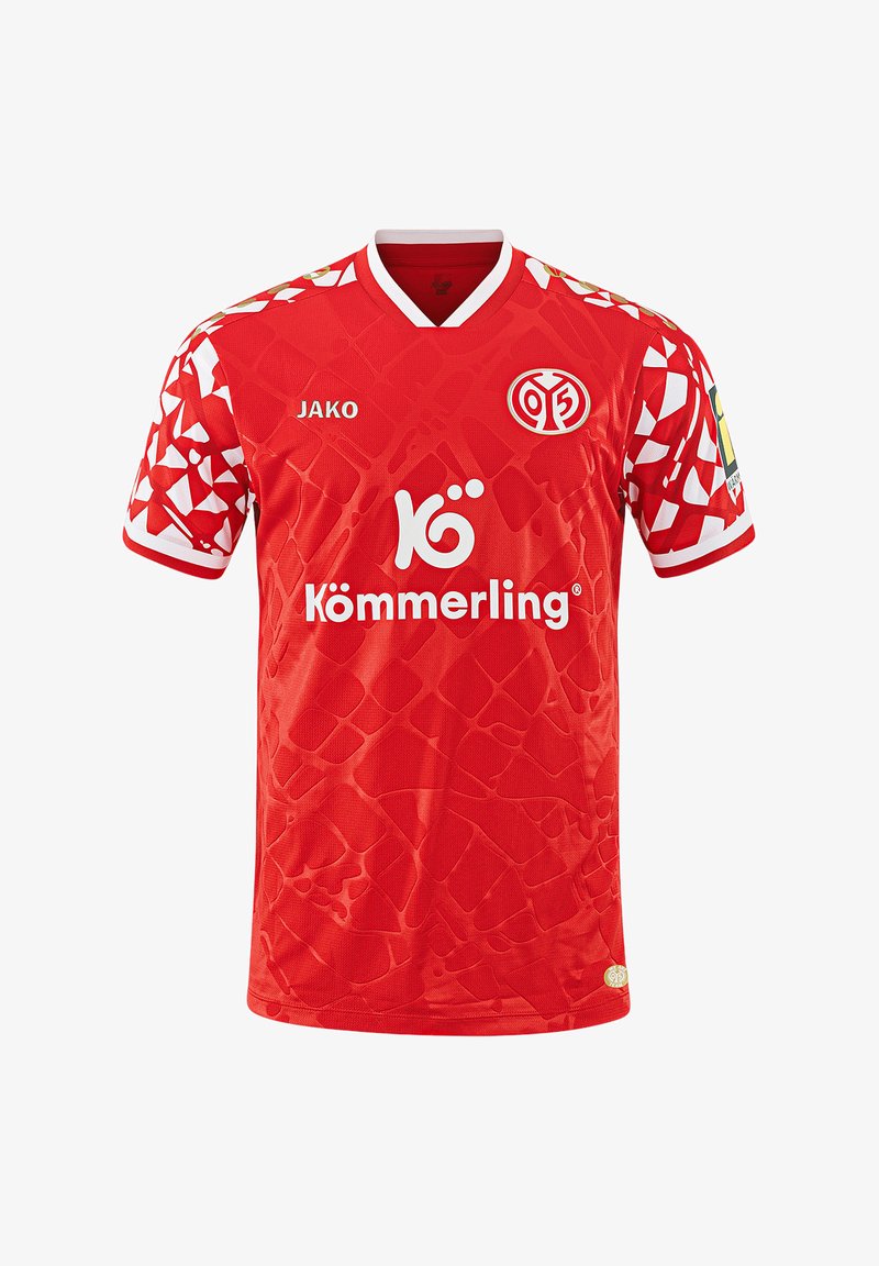 Maillot de football rouge avec un design texturé, manches blanches contrastées, col en V et logos de JAKO et Kömmerling.
