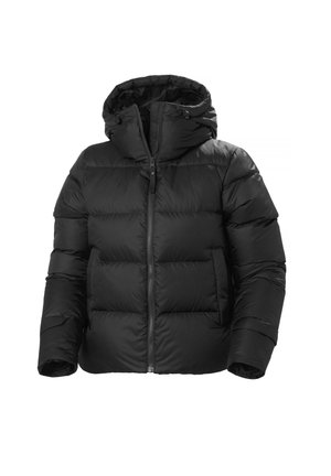 Zwarte pufferjas met capuchon, met een ritssluiting aan de voorkant, doorgestikte ontwerpen en elastische manchet. Ontworpen voor warmte met gewatteerde delen.