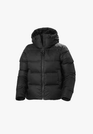 Zwarte pufferjas met capuchon, met een ritssluiting aan de voorkant, doorgestikte ontwerpen en elastische manchet. Ontworpen voor warmte met gewatteerde delen.