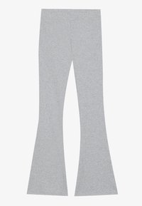 Grå flared leggings lavet af blødt, strækbart stof med en glat overflade og en høj talje for komfort og pasform.