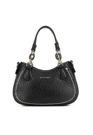 Czarna, teksturowana skórzana torebka z podwójnymi uchwytami ozdobionymi złotymi i czarnymi ogniwami łańcucha, białymi przeszyciami oraz logo "WITTCHEN" na przedniej stronie.