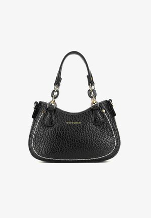 Sac à main en cuir noir texturé avec deux poignées ornées de maillons en chaîne dorés et noirs, surpiqûres blanches en accents, et logo "WITTCHEN" sur le devant.