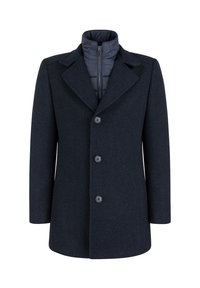 Granatowy wełniany płaszcz o teksturowanym wykończeniu, z wysokim kołnierzem, zapinaną na zamek wewnętrzną warstwą oraz pięcioma guzikami z przodu.