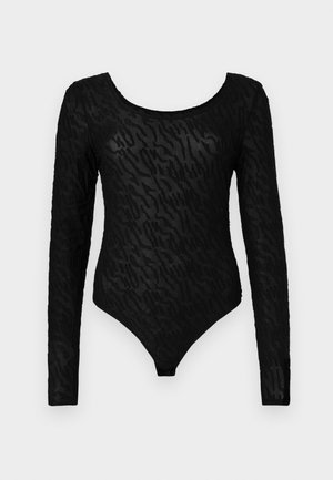 Zwarte bodysuit met lange mouwen en een textuurpatroon, met een ronde halslijn en een aansluitende pasvorm, gemaakt van een transparant materiaal.