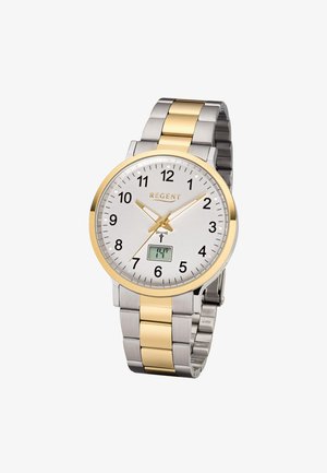 Silver and gold wristwatch with white dial, black numbers, three gold hands, digital temperature display, and metal link bracelet.