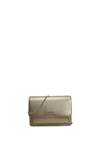 Borsa a pochette metallica dorata con una superficie liscia, chiusura a pattina, tracolla a catena e logo frontale. Forma rettangolare compatta.