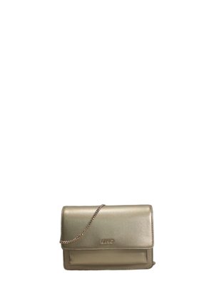 Borsa a pochette metallica dorata con una superficie liscia, chiusura a pattina, tracolla a catena e logo frontale. Forma rettangolare compatta.