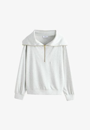 Vaaleanharmaa collegepaita, jossa leveä kaulus, neljänneksen mittainen vetoketju edessä, resorit hihansuissa ja pehmeä puuvillasekoitekangas. Mallissa on vinot sauman yksityiskohdat.