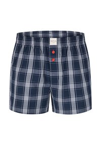 Námořnické kostkované šortky s bílými a světle modrými pruhy, elastickým pasem a dvěma červenými knoflíky vpředu. Bavlněná tkanina s jemnou strukturou.