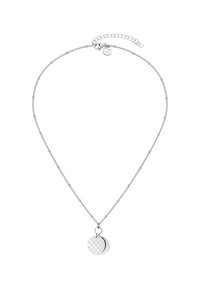 Zilveren ketting met een delicate schakel en twee ronde hangers, waarvan er één een gequilte structuur heeft en de andere een gladde afwerking.