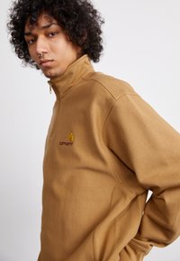 Brown zip-up sweatshirt in soft fabric with a stand collar. Features embroidered logo in yellow and red on the chest. Simple, relaxed design.