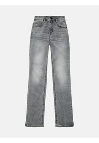 Vaqueros de mezclilla gris con un diseño de pierna recta, que cuentan con cinco bolsillos, cierre de botón y un leve desvanecimiento para un efecto desgastado.