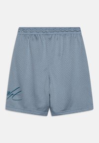 Light blue mesh athletic shorts with an elastic waistband, featuring a smooth texture and a graphic accent on the lower left leg.